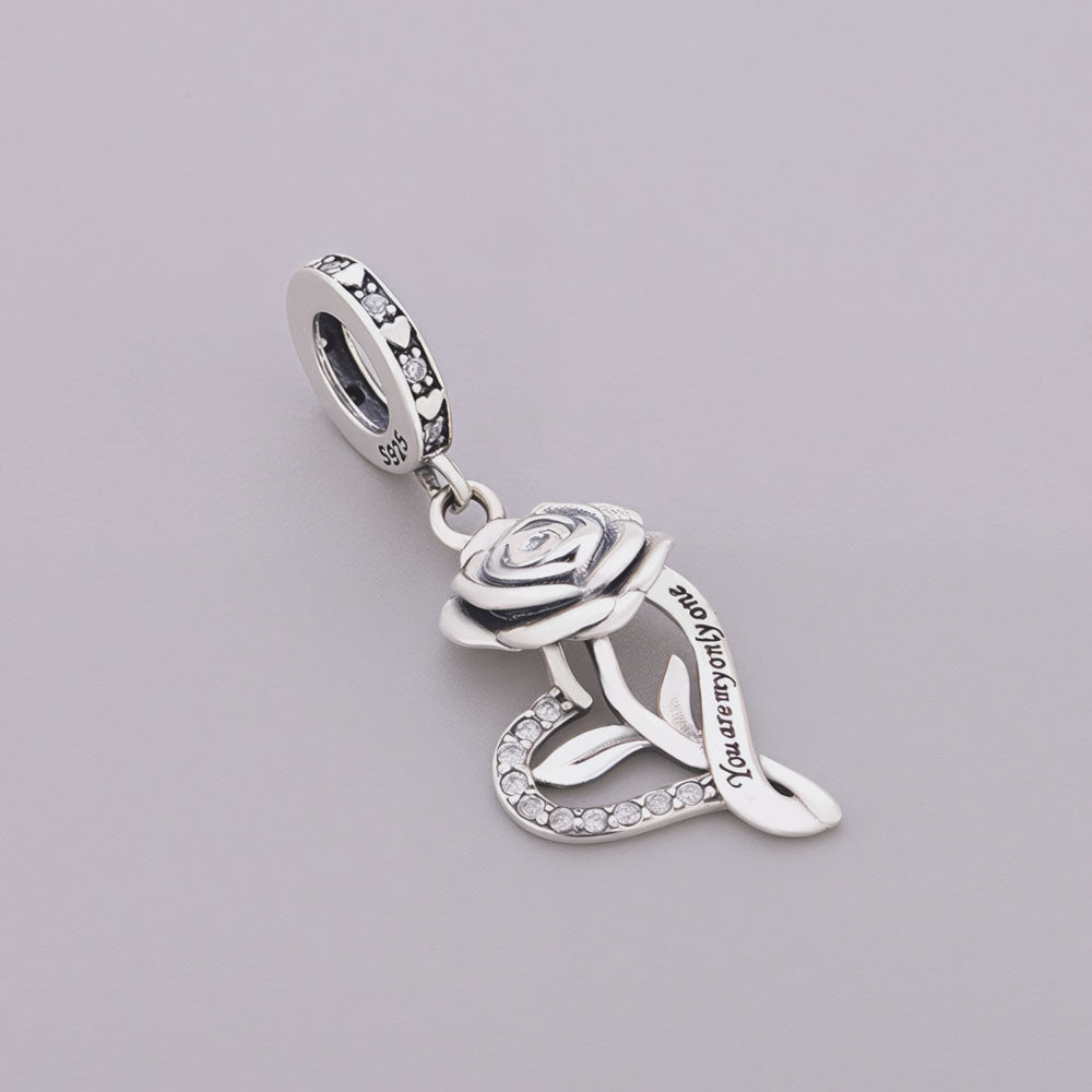 "Singular Bloom" Rose Heart - 925 Silver Only One Promise Dangle Charm
