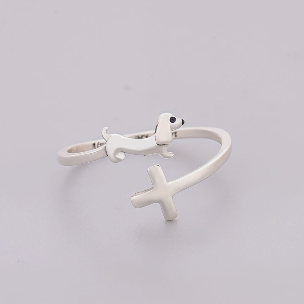 "Faithful Echo" Dachshund - 925 Silver Cross Adjustable Ring