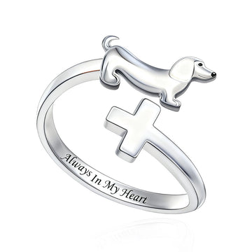"Faithful Echo" Dachshund - 925 Silver Cross Adjustable Ring
