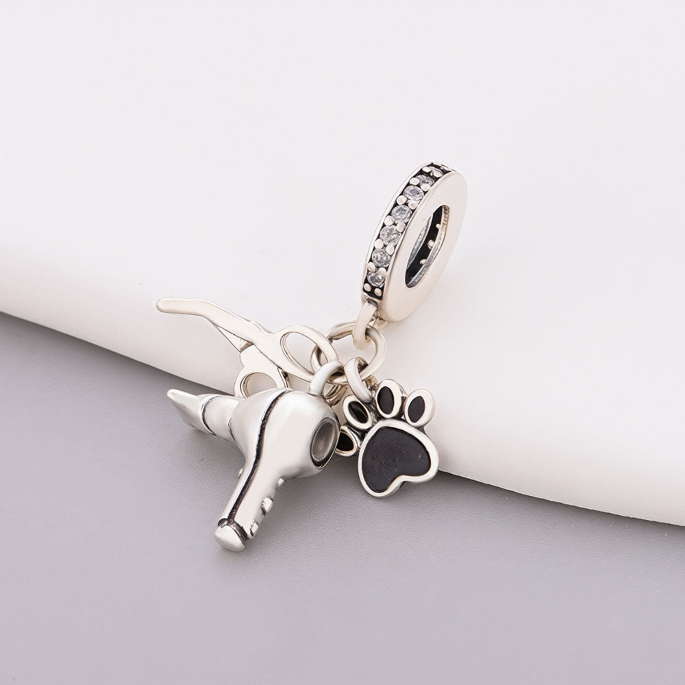 "Grooming Grace" - 925 Silver Scissors Hairdryer & Paw Print Dangle Charm