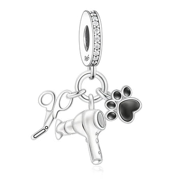 "Grooming Grace" - 925 Silver Scissors Hairdryer & Paw Print Dangle Charm