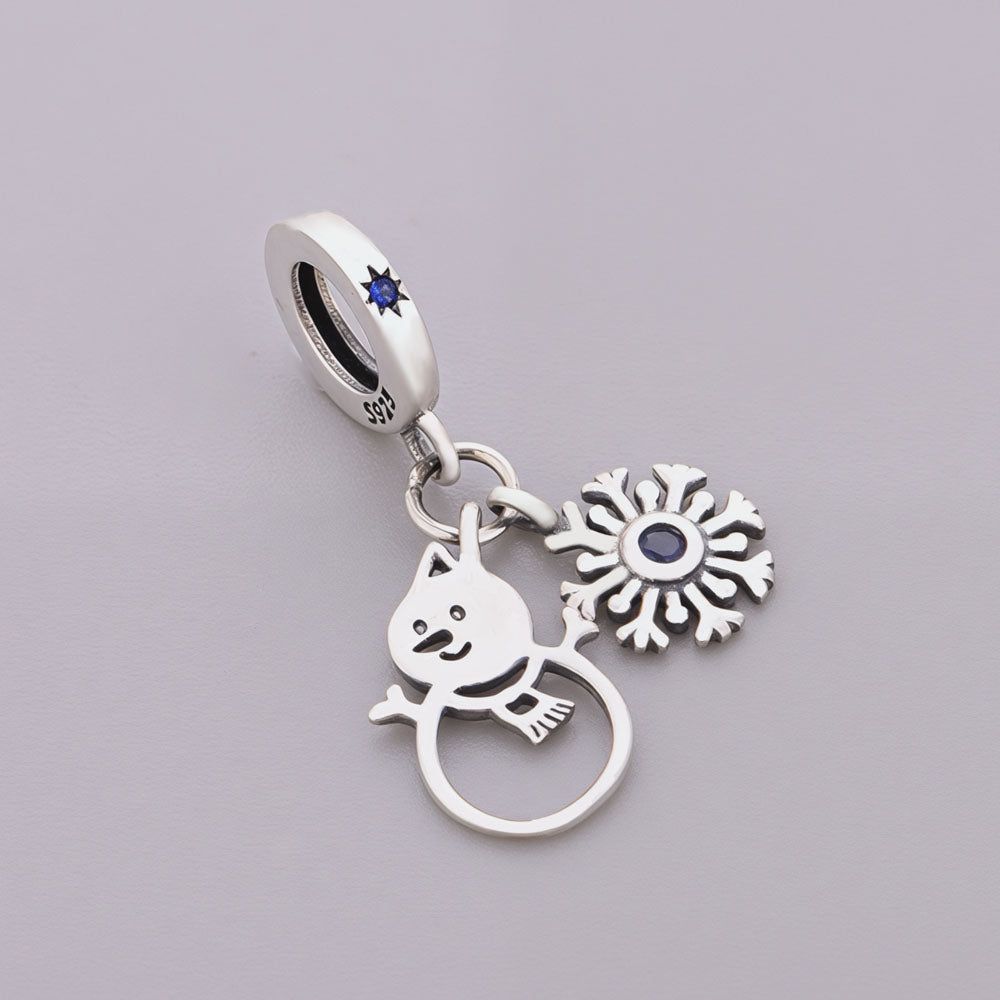 "Wintry Waltz" Snowman & Snowflake - 925 Silver Blue Zircon Dangle Charm