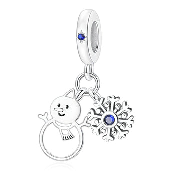 "Wintry Waltz" Snowman & Snowflake - 925 Silver Blue Zircon Dangle Charm
