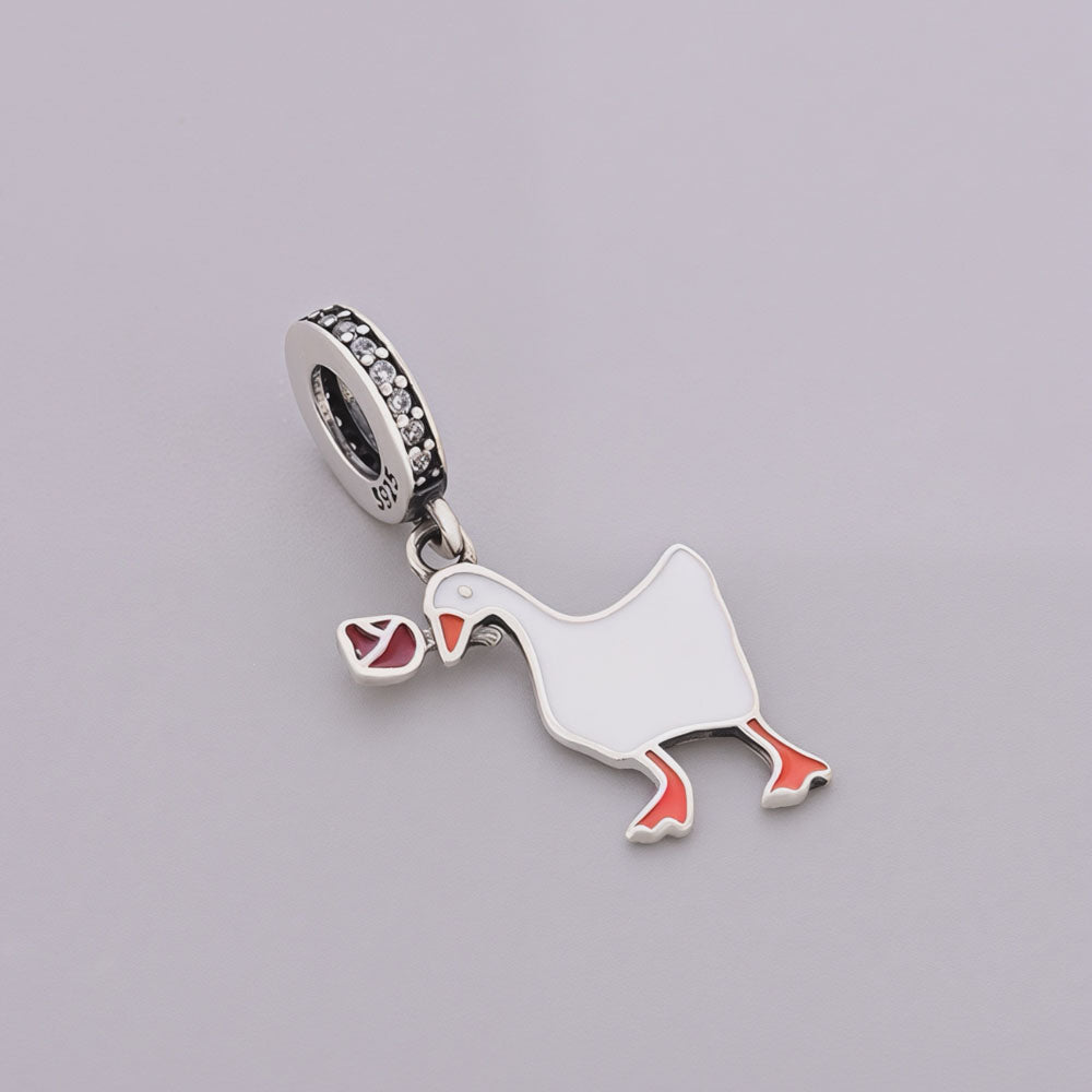 "Whimsical Messenger" White Goose - 925 Silver Rose Dangle Charm