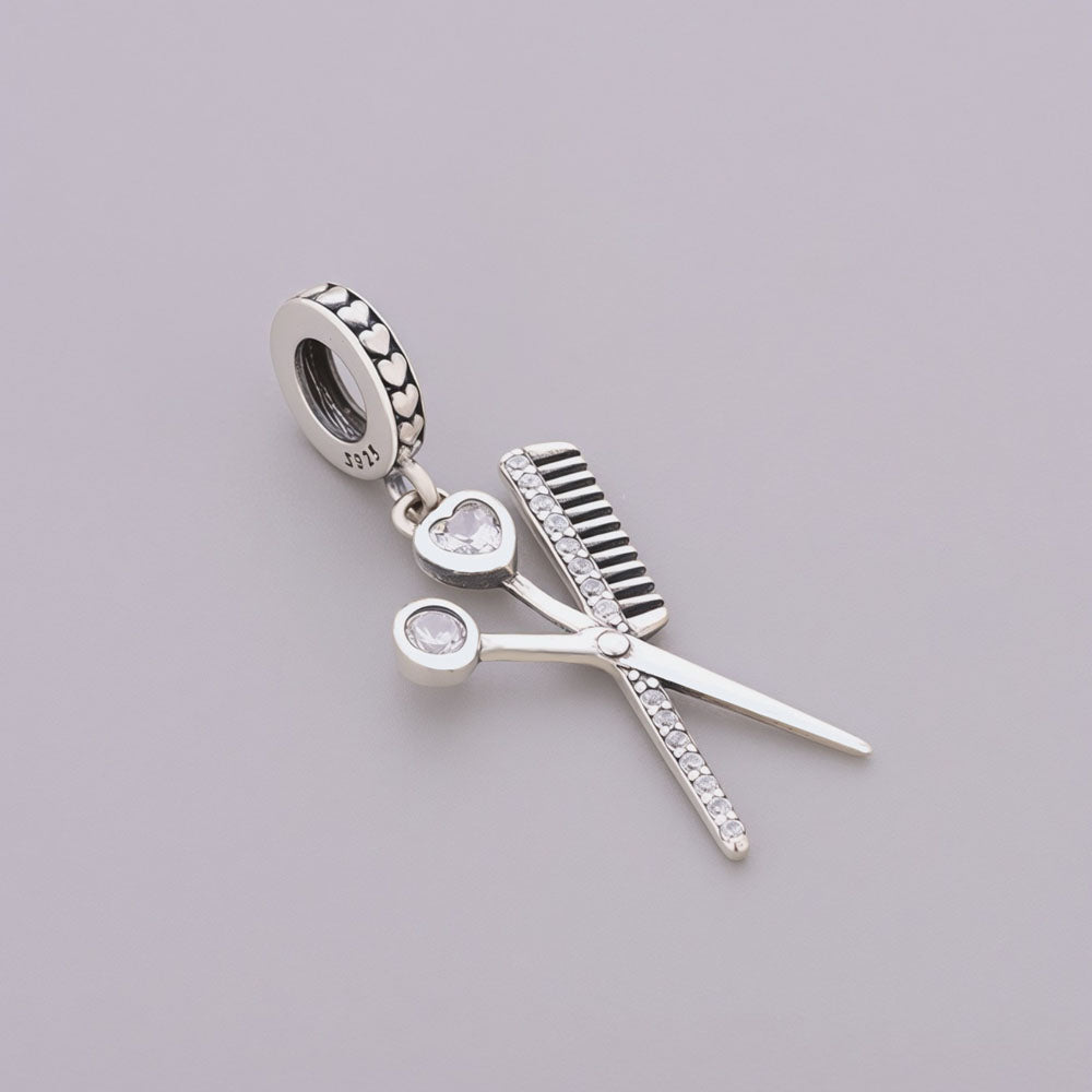 "Stylist Soul" - 925 Silver Sparkling Scissors & Comb Heart Dangle Charm