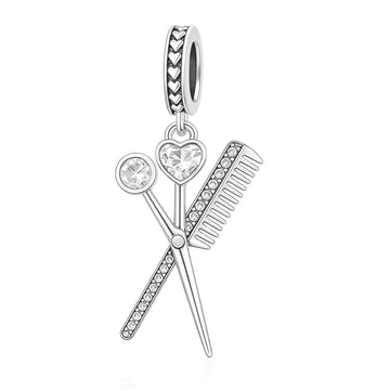 "Stylist Soul" - 925 Silver Sparkling Scissors & Comb Heart Dangle Charm
