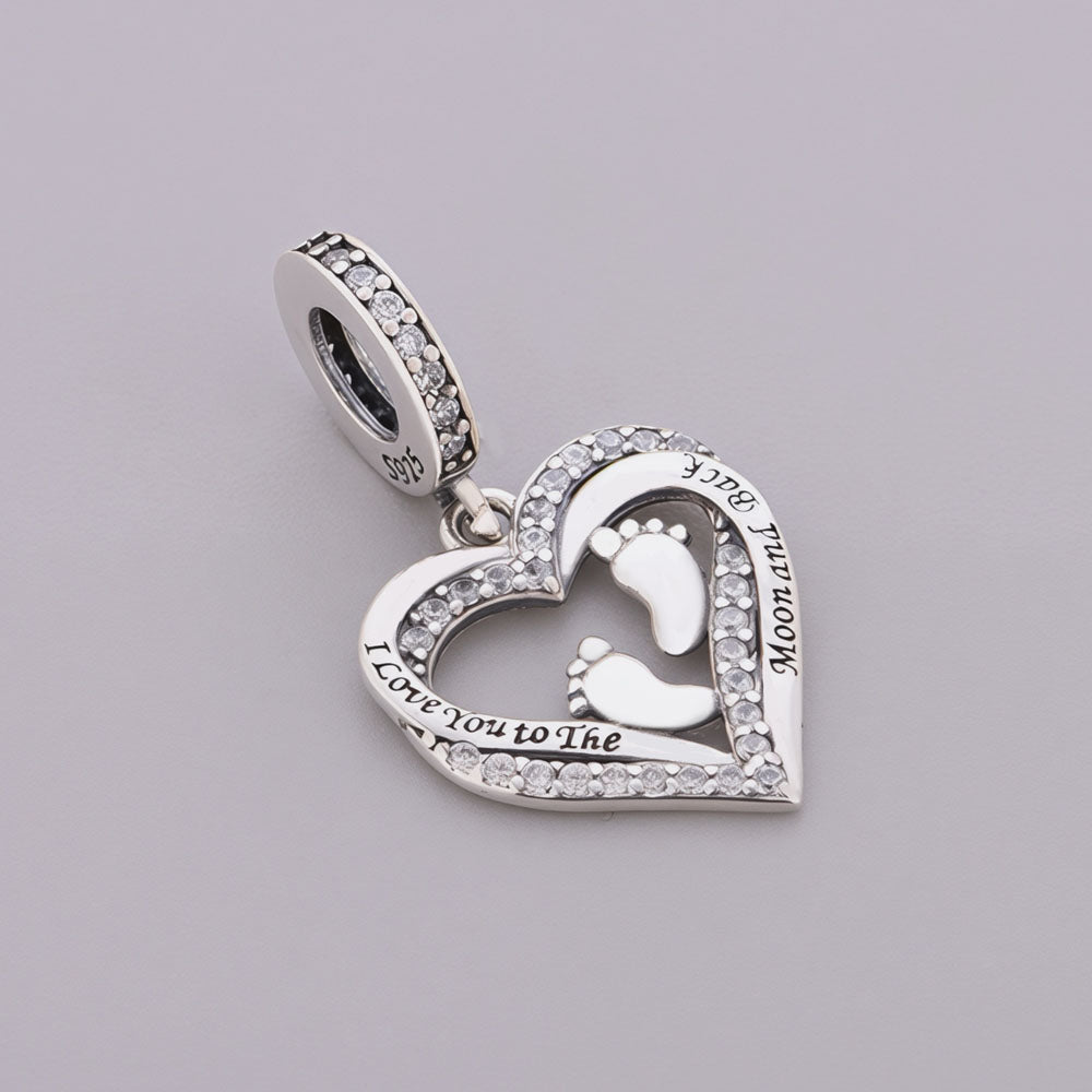 "First Pulse" Baby Footprints - 925 Silver I Love You Heart Dangle Charm