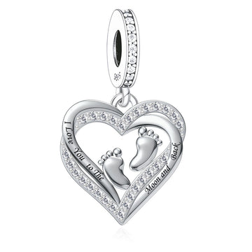 "First Pulse" Baby Footprints - 925 Silver I Love You Heart Dangle Charm