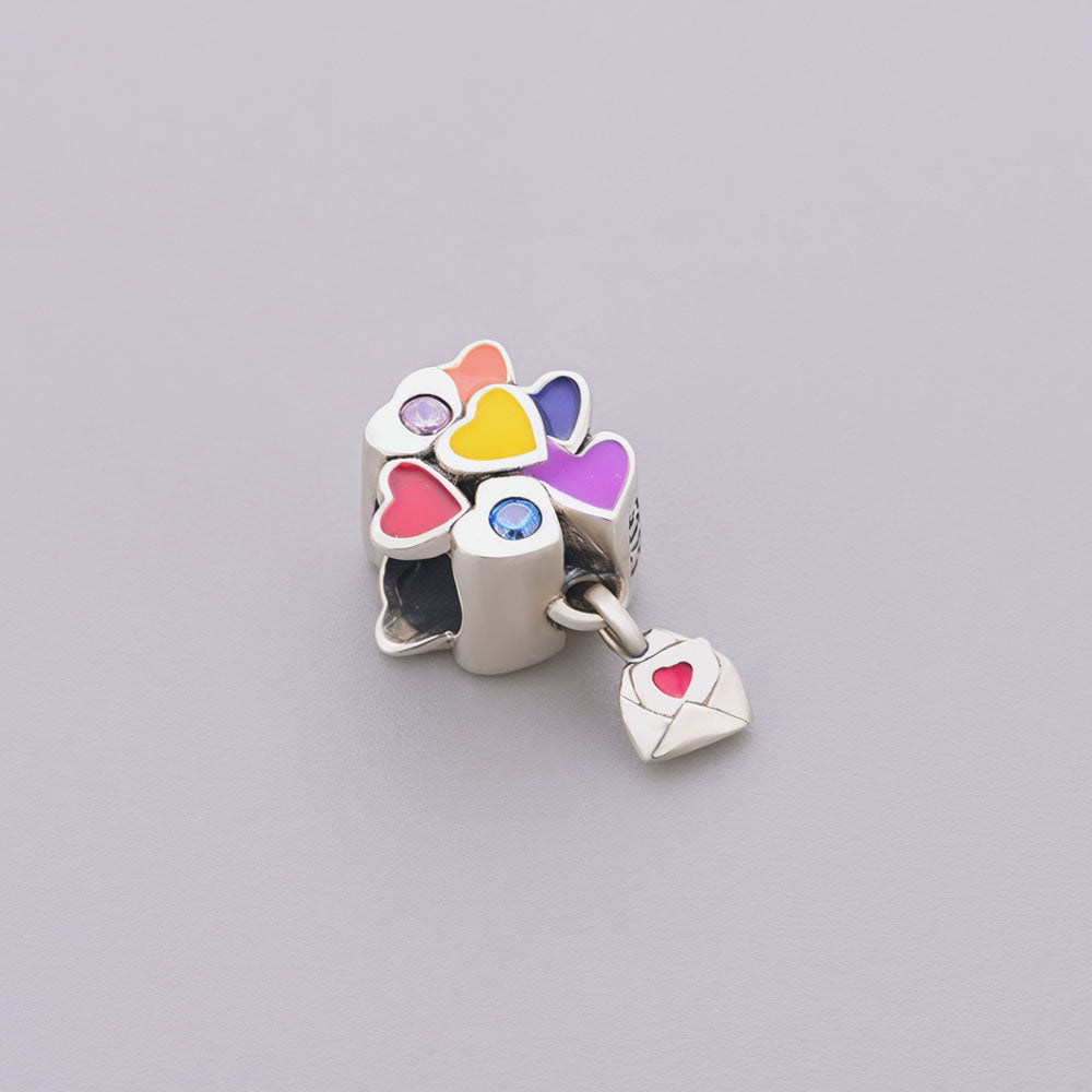 "Spectrum Love" Balloons Charm - 925 Silver Rainbow Hearts & Love Letter Dangle