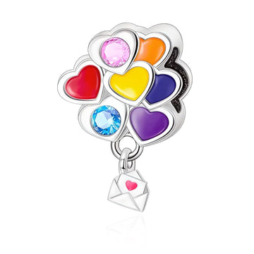 "Spectrum Love" Balloons Charm - 925 Silver Rainbow Hearts & Love Letter Dangle