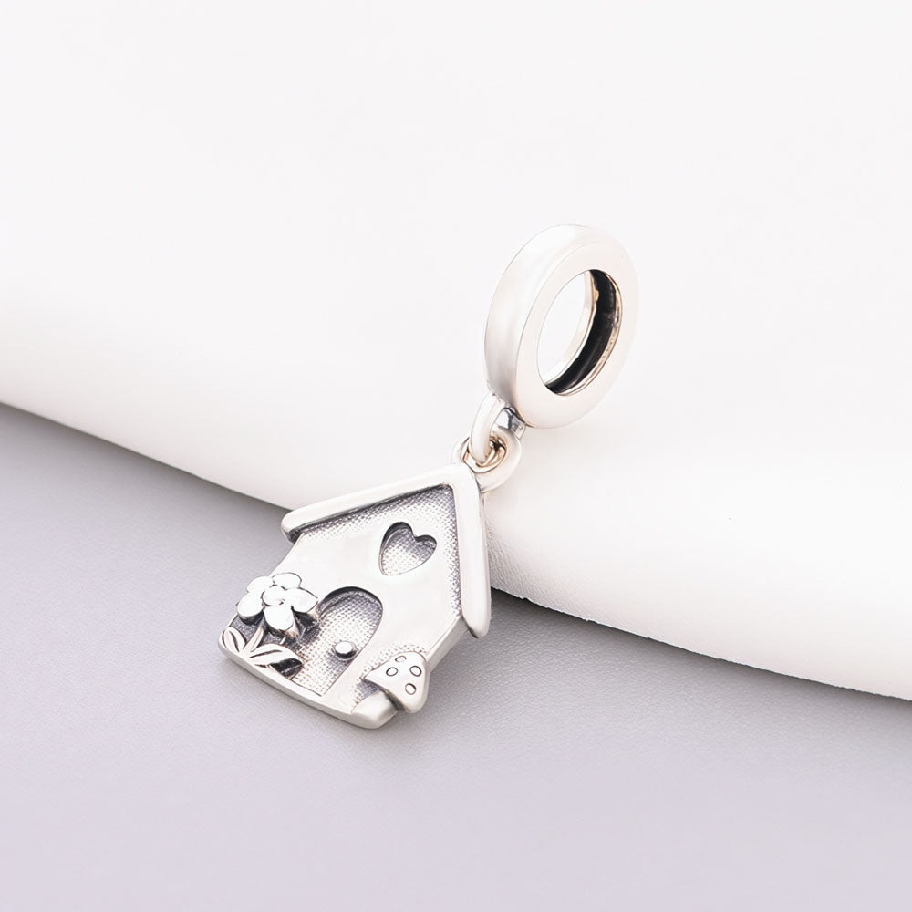 "Sanctuary Rhythm" House Dangle - 925 Silver Garden Cottage & Heart Mushroom Charm