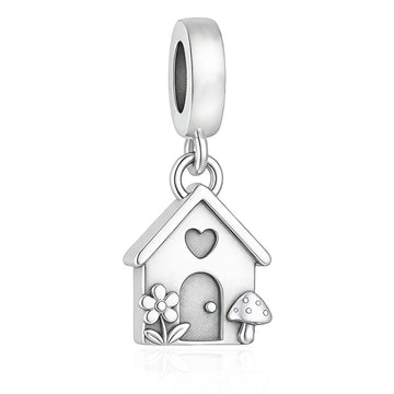 "Sanctuary Rhythm" House Dangle - 925 Silver Garden Cottage & Heart Mushroom Charm