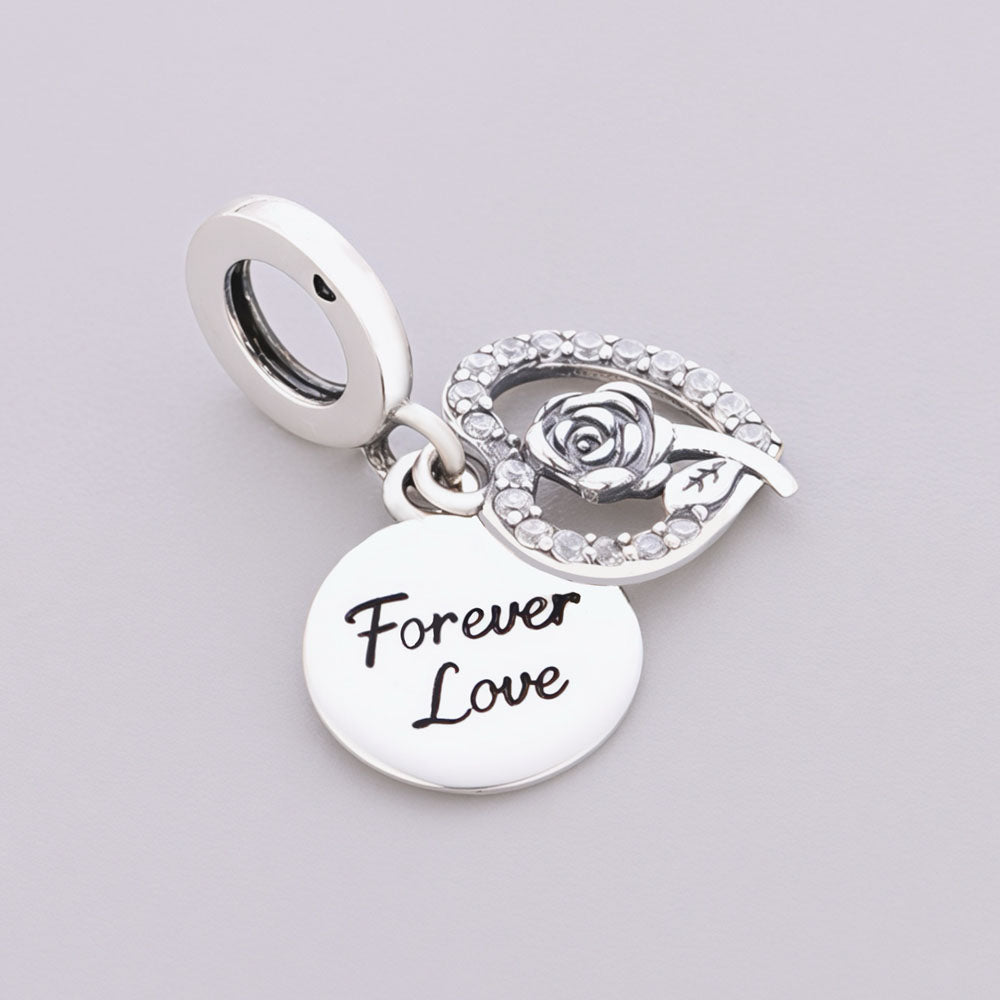 "Eternal Bloom" Rose Charm - 925 Silver Sparkling Heart & Forever Love Dangle