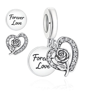 "Eternal Bloom" Rose Charm - 925 Silver Sparkling Heart & Forever Love Dangle