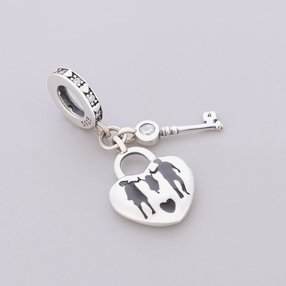 "Family Belonging" Lock Charm - 925 Silver Warmest Place Heart & Key Dangle