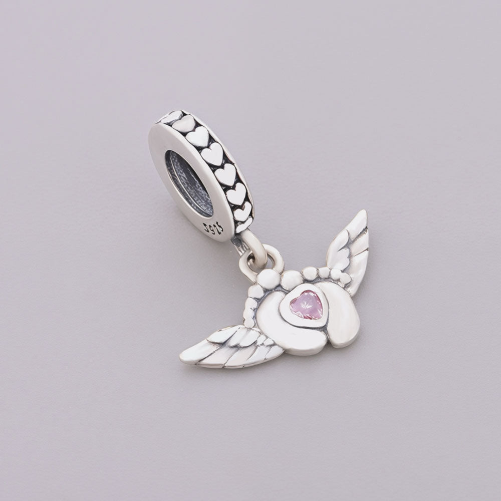 "Angel Soulprint" Wings Charm - 925 Silver Baby Feet & Pink Heart Dangle