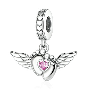 "Angel Soulprint" Wings Charm - 925 Silver Baby Feet & Pink Heart Dangle