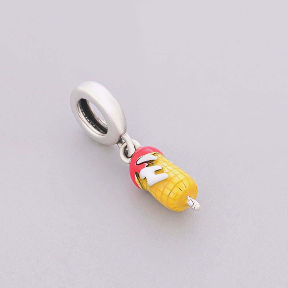 "Golden Abundance" Corn Charm - 925 Silver Yellow Enamel Sweet Maize Dangle