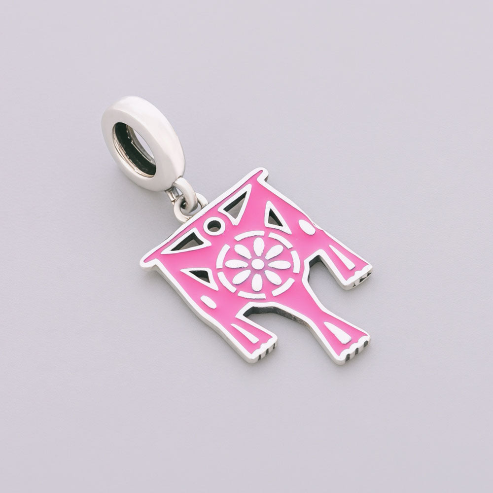 "Festivity Echo" Piñata Charm - 925 Silver Pink Enamel & Floral Surprise Dangle
