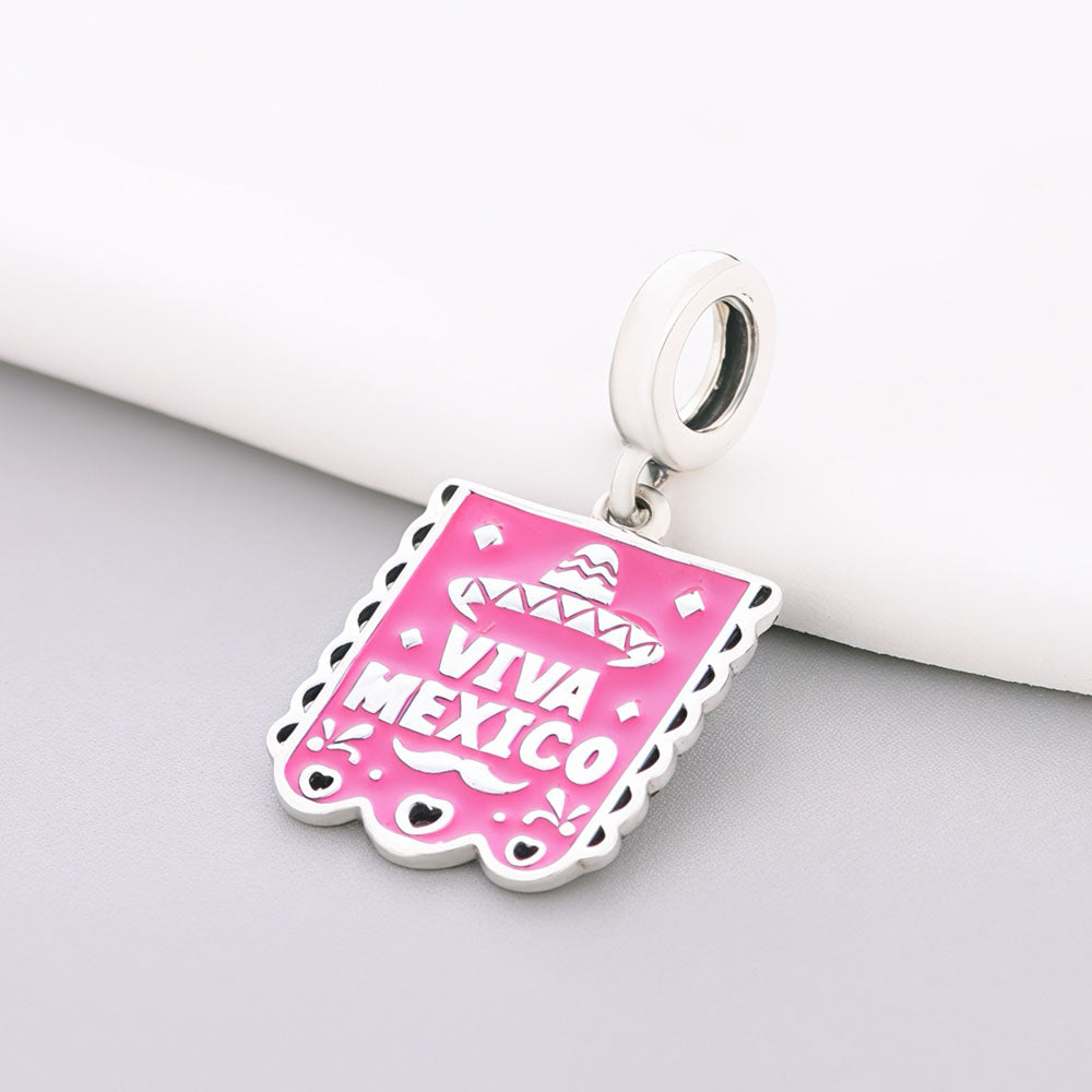 "Viva Vibrance" Banner Charm - 925 Silver Pink Enamel Celebration Dangle