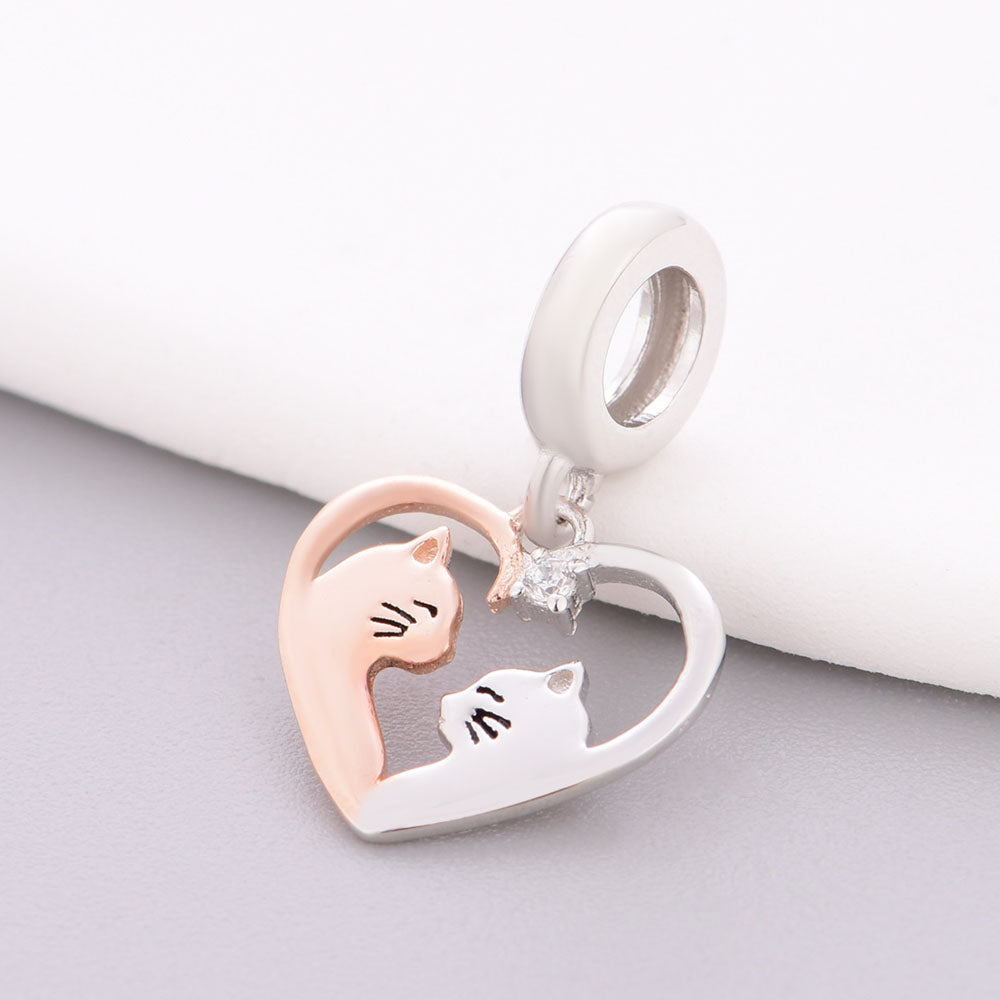 "Soul Harmony" Cats Charm - 925 Silver & Rose Gold Dual-Tone Heart Dangle