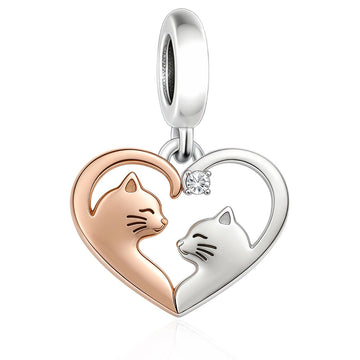 "Soul Harmony" Cats Charm - 925 Silver & Rose Gold Dual-Tone Heart Dangle