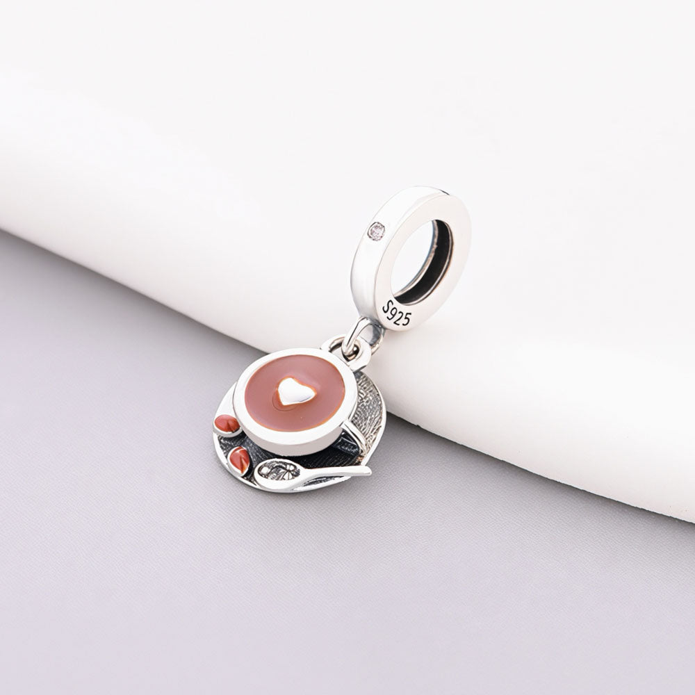 "Brewed Harmony" Coffee Cup Charm - 925 Silver Brown Enamel & Heart Latte Dangle