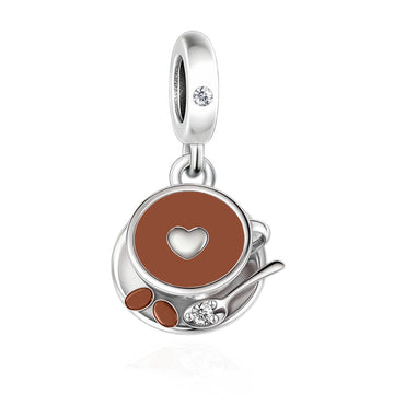 "Brewed Harmony" Coffee Cup Charm - 925 Silver Brown Enamel & Heart Latte Dangle