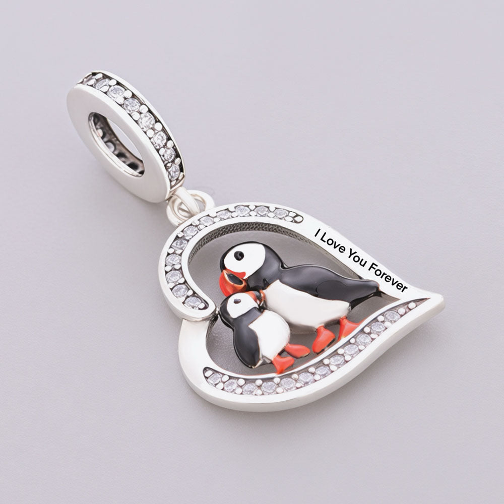 "Puffin Kinship" Heart Dangle - 925 Silver Mother & Child Nordic Charm