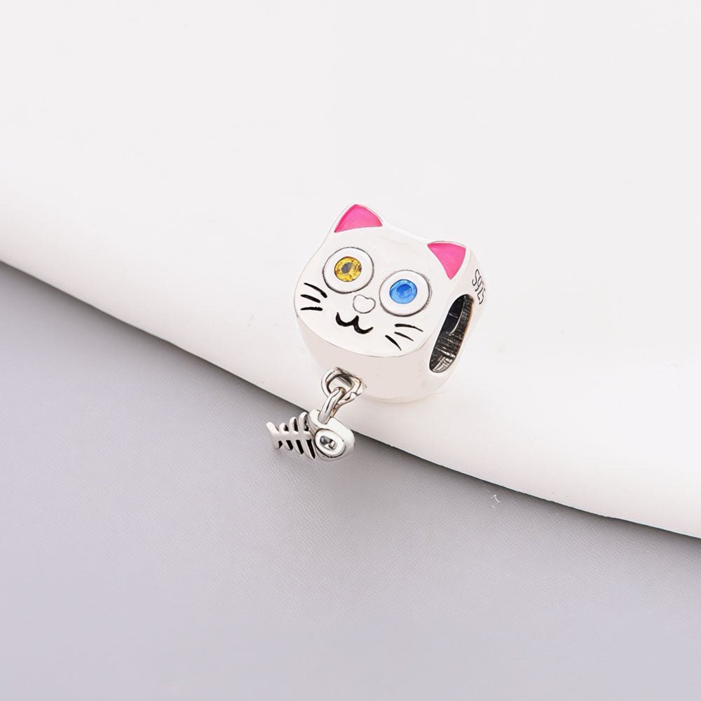 "Mystic Curiosity" Cat Dangle - 925 Silver Odd-Eyed Kitten & Fishbone Charm