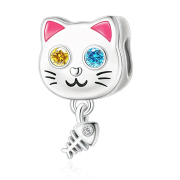 "Mystic Curiosity" Cat Dangle - 925 Silver Odd-Eyed Kitten & Fishbone Charm