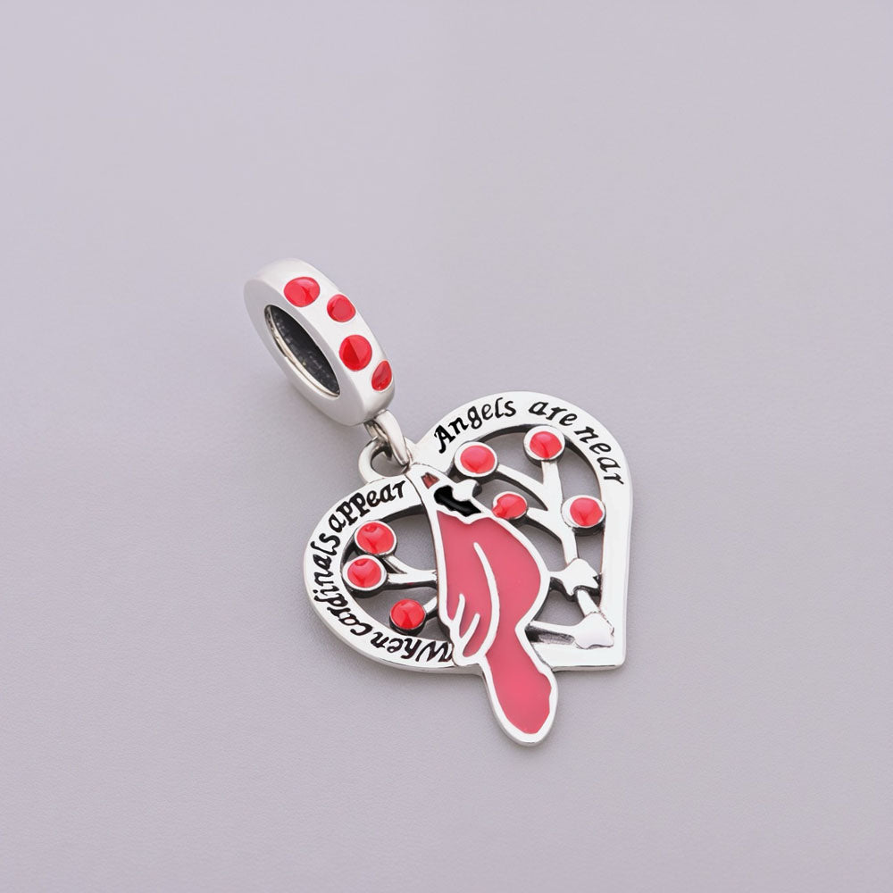 "Cardinal Whisper" Heart Dangle - 925 Silver Guardian Bird & Red Enamel Charm
