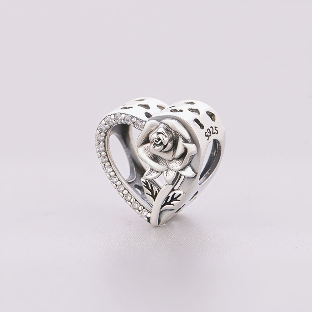 "Eternal Bloom" Heart Charm - 925 Silver Rose Relief & Sparkling Zircon Bead