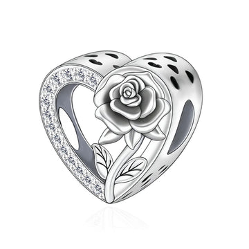 "Eternal Bloom" Heart Charm - 925 Silver Rose Relief & Sparkling Zircon Bead