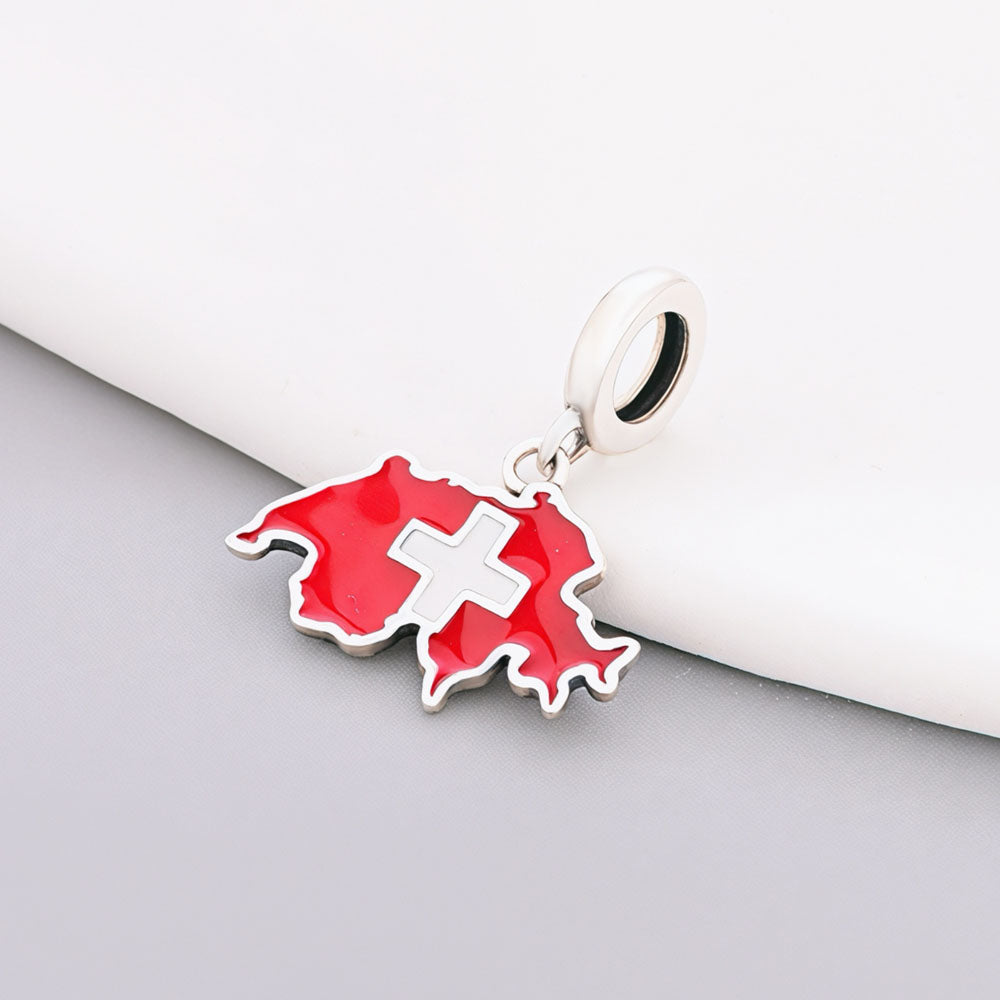 "Swiss Echo" Map Dangle - 925 Silver Red Enamel Flag Charm