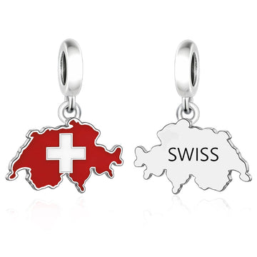 "Swiss Echo" Map Dangle - 925 Silver Red Enamel Flag Charm