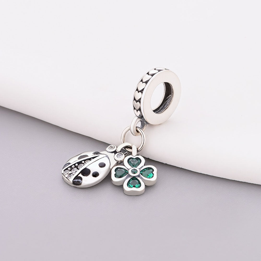 "Lucky Resonance" Ladybug & Clover Dangle - 925 Silver Green Zircon Charm
