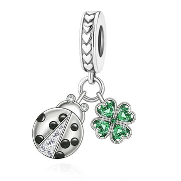"Lucky Resonance" Ladybug & Clover Dangle - 925 Silver Green Zircon Charm