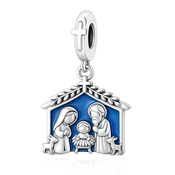 "Sacred Birth" Nativity Scene Dangle - 925 Silver Blue Enamel Holy Charm