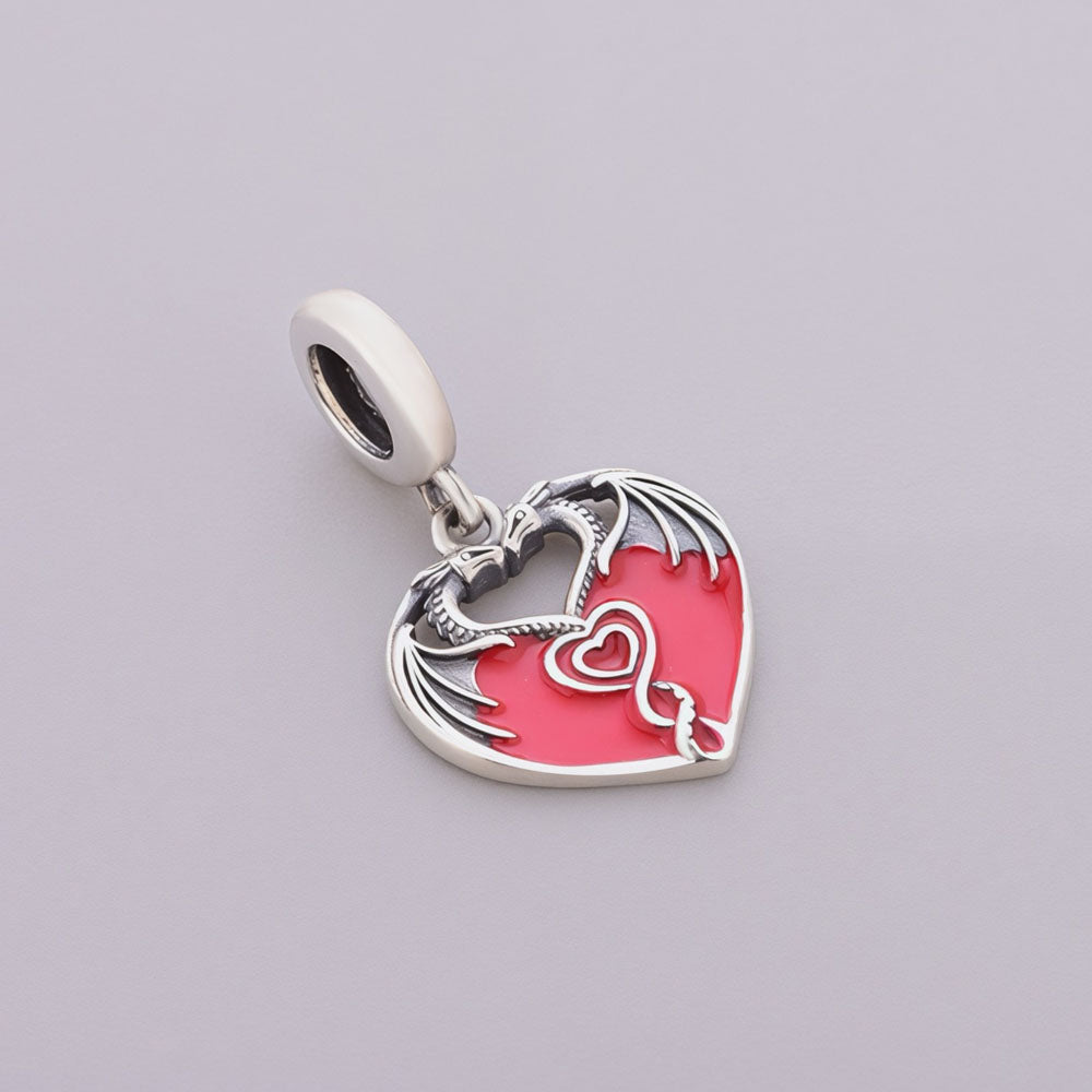 "Dragon Resonance" Heart Dangle - 925 Silver Twin Dragon Red Zircon Charm