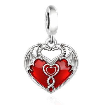 "Dragon Resonance" Heart Dangle - 925 Silver Twin Dragon Red Zircon Charm
