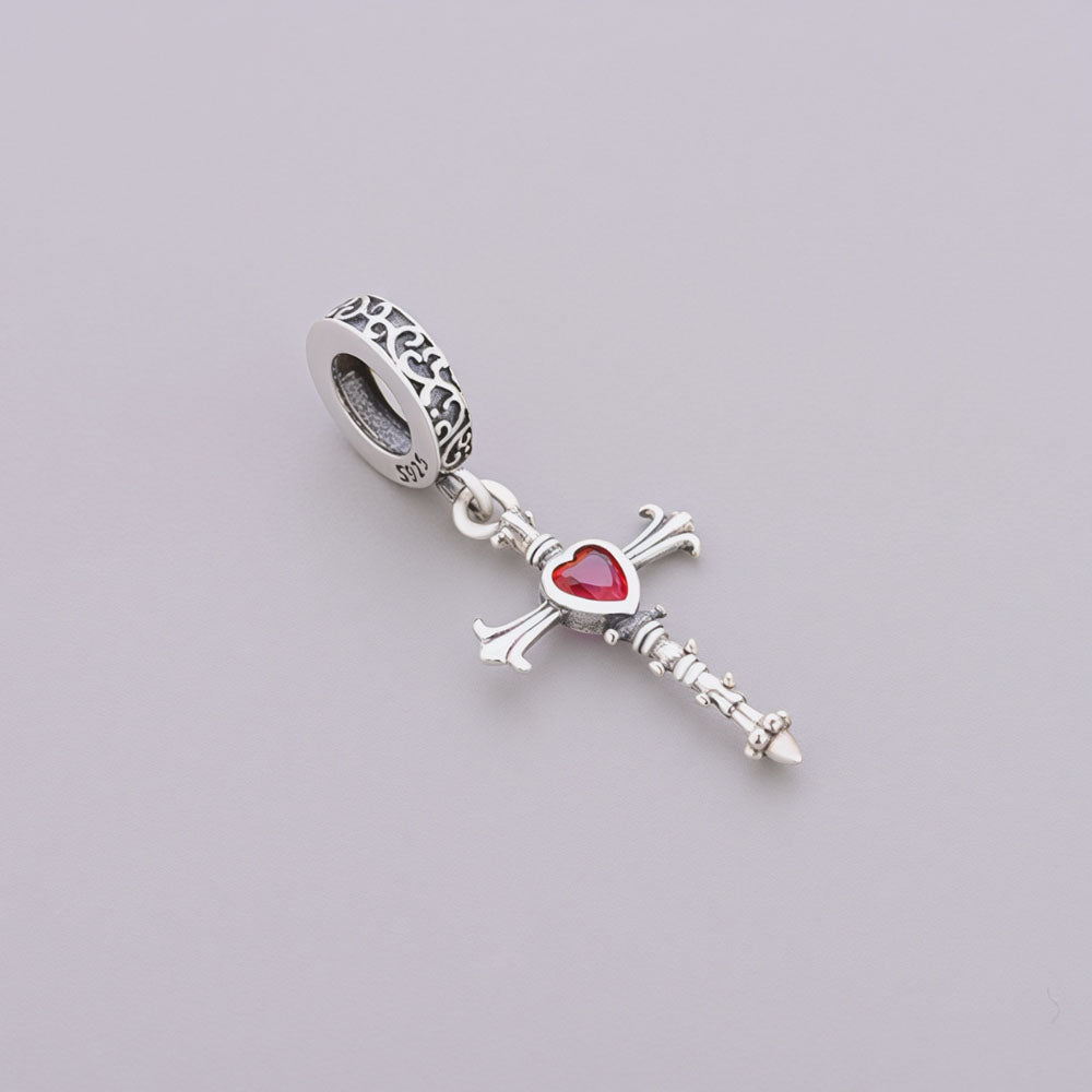 "Sacred Resonance" Cross Dangle - 925 Silver Red Heart Zircon Charm