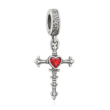"Sacred Resonance" Cross Dangle - 925 Silver Red Heart Zircon Charm