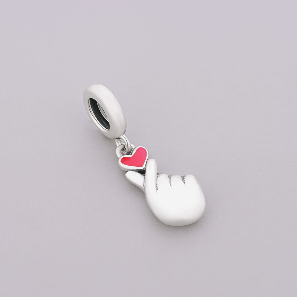 "Finger Heart" Love Dangle - 925 Silver Red Enamel Gesture Charm
