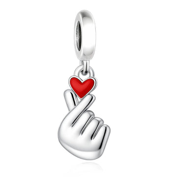 "Finger Heart" Love Dangle - 925 Silver Red Enamel Gesture Charm