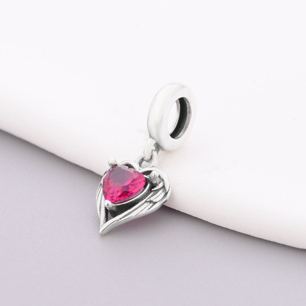"Guardian Heart" Wings Dangle - 925 Silver Ruby Red Zircon Charm