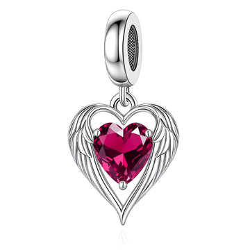 "Guardian Heart" Wings Dangle - 925 Silver Ruby Red Zircon Charm