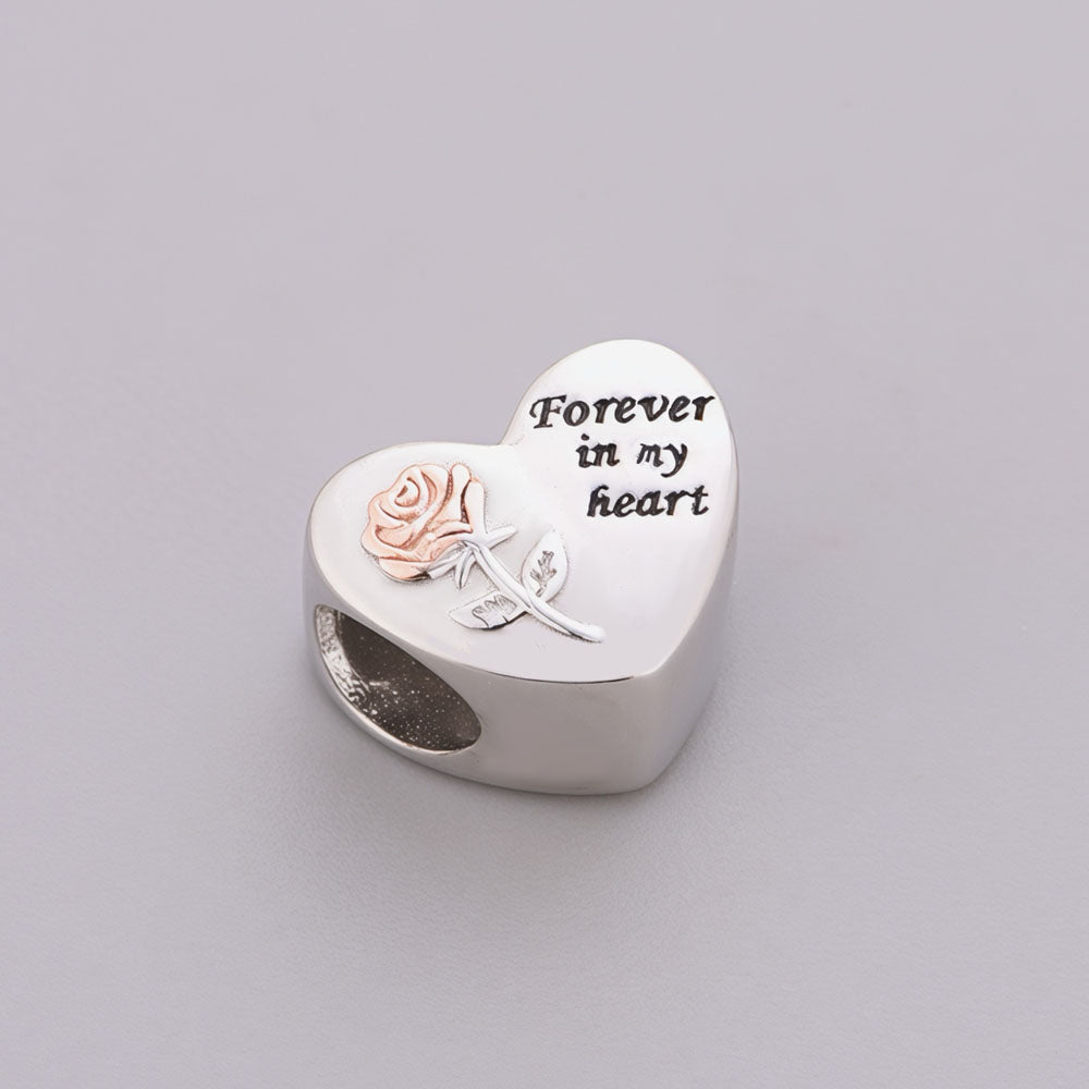 "Forever Love" Rose Charm - 925 Silver & Rose Gold Heart Bead