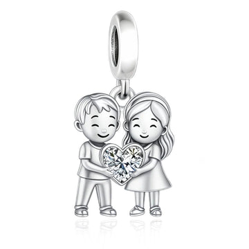 "Pure Resonance" Couple Dangle - 925 Silver Boy Girl Heart Zircon Charm