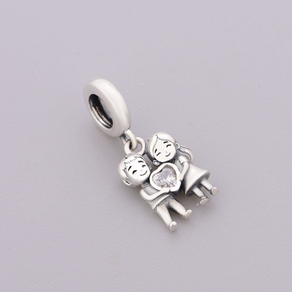 "Pure Resonance" Couple Dangle - 925 Silver Boy Girl Heart Zircon Charm
